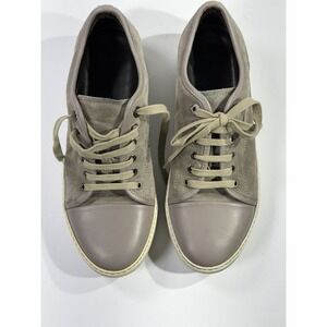 Lanvin Suede Leather Cap Toe Sneakers Taupe Gray Lace Up Designer Shoes